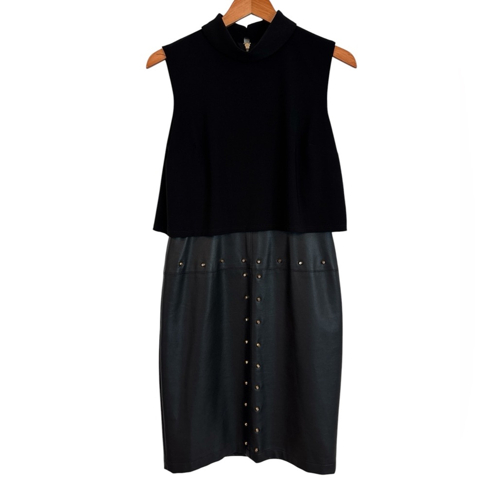 Frank Lyman black Sheath Dress Studded Faux Leather Layered Size 4